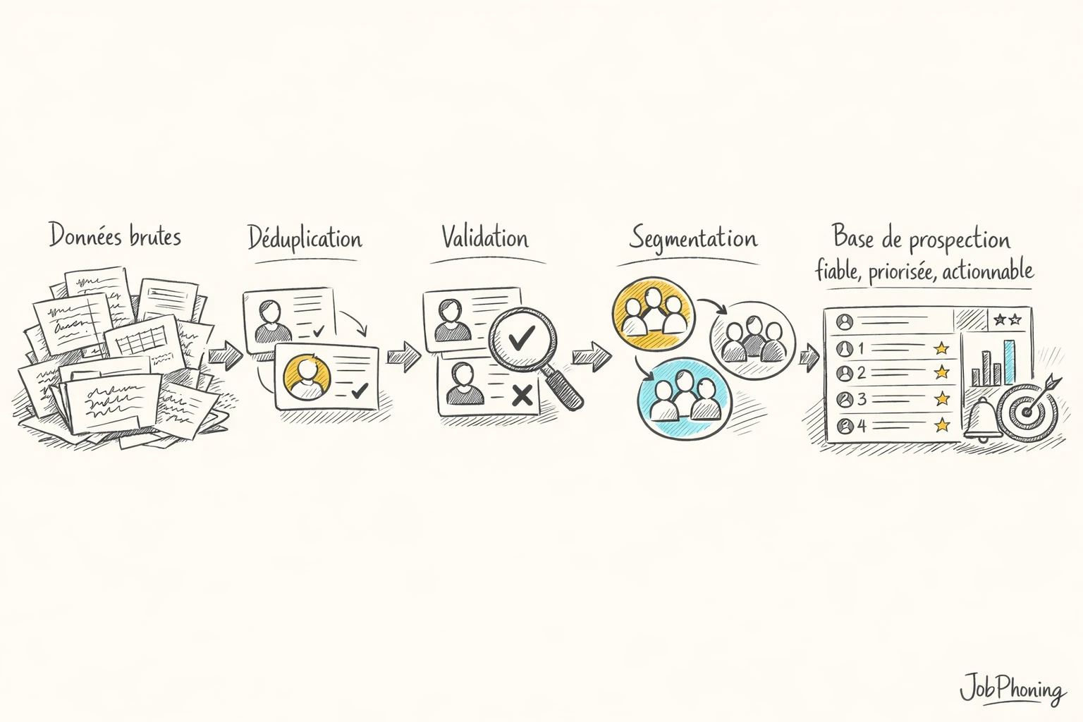 Schéma représentant la transformation d’une base B2B brute via étapes successives reliées par des flèches