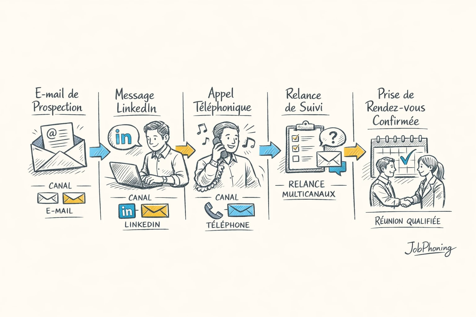 Schéma représentant une séquence multicanale d’assurance via blocs reliés, flèches et embranchements simples.