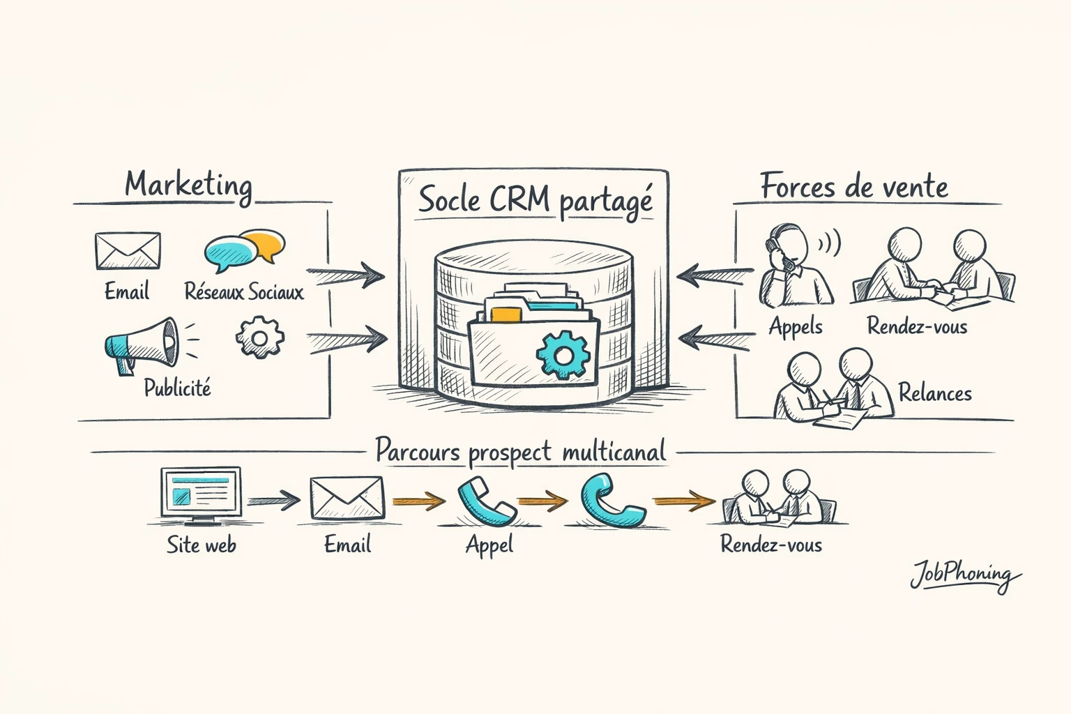 Schéma représentant l’alignement marketing-ventes via un hub central connecté à plusieurs blocs multicanaux.