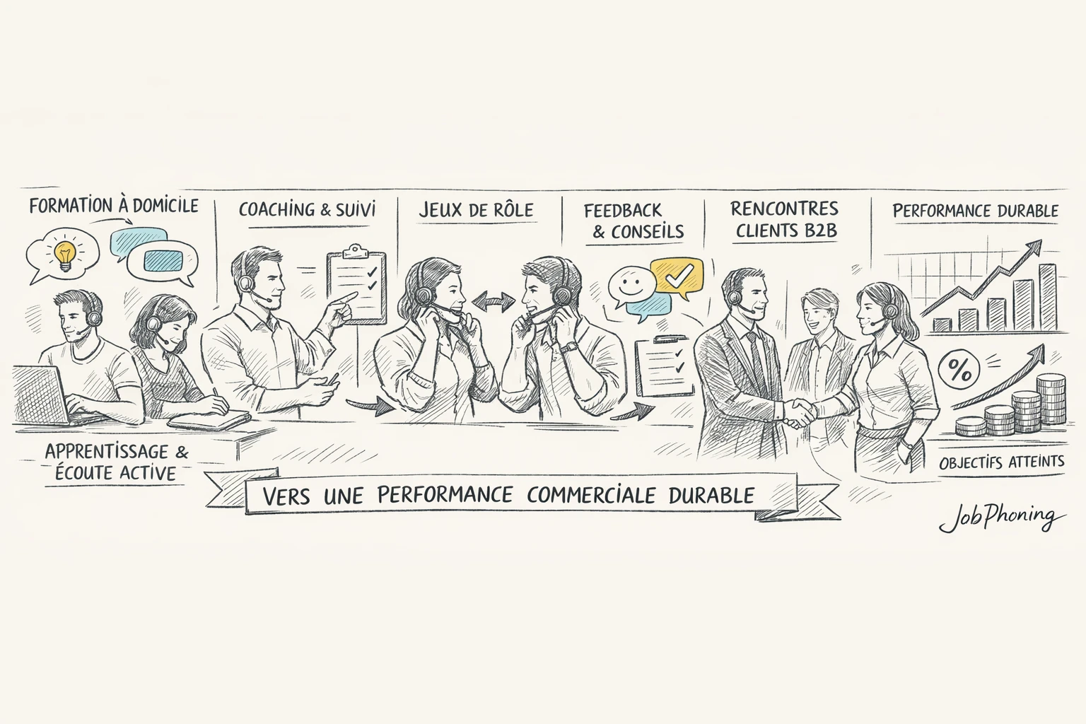 Schéma représentant un parcours structuré de développement des soft skills via blocs reliés et flèches