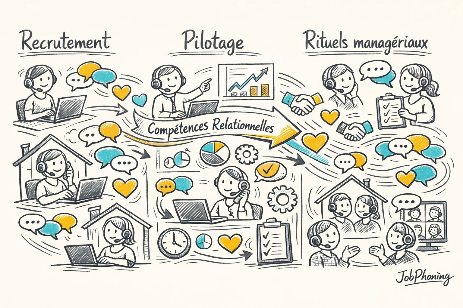 Infographie représentant l’intégration des soft skills via un noyau central relié à plusieurs blocs distants