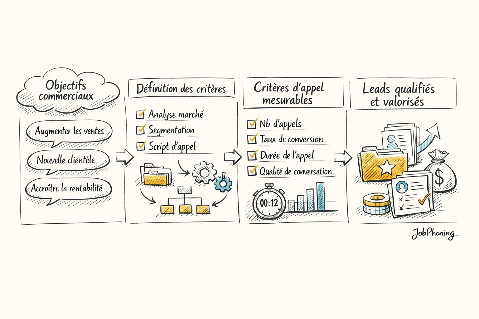 Schéma représentant la conversion d’objectifs commerciaux en critères d’appels via blocs reliés et flèches séquentielles.
