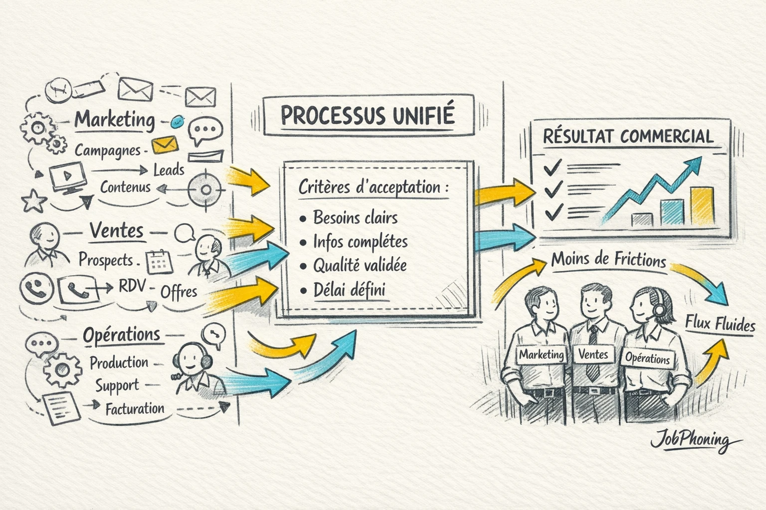 Schéma représentant l’alignement marketing-ventes-opérations via colonnes, hub central et entonnoir commun