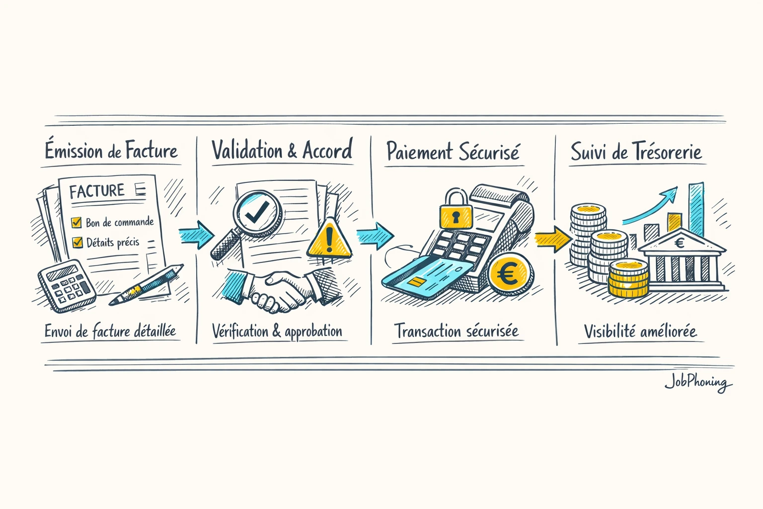 Schéma représentant un parcours sécurisé de paiement via flèches, blocs alignés et icônes abstraites de
