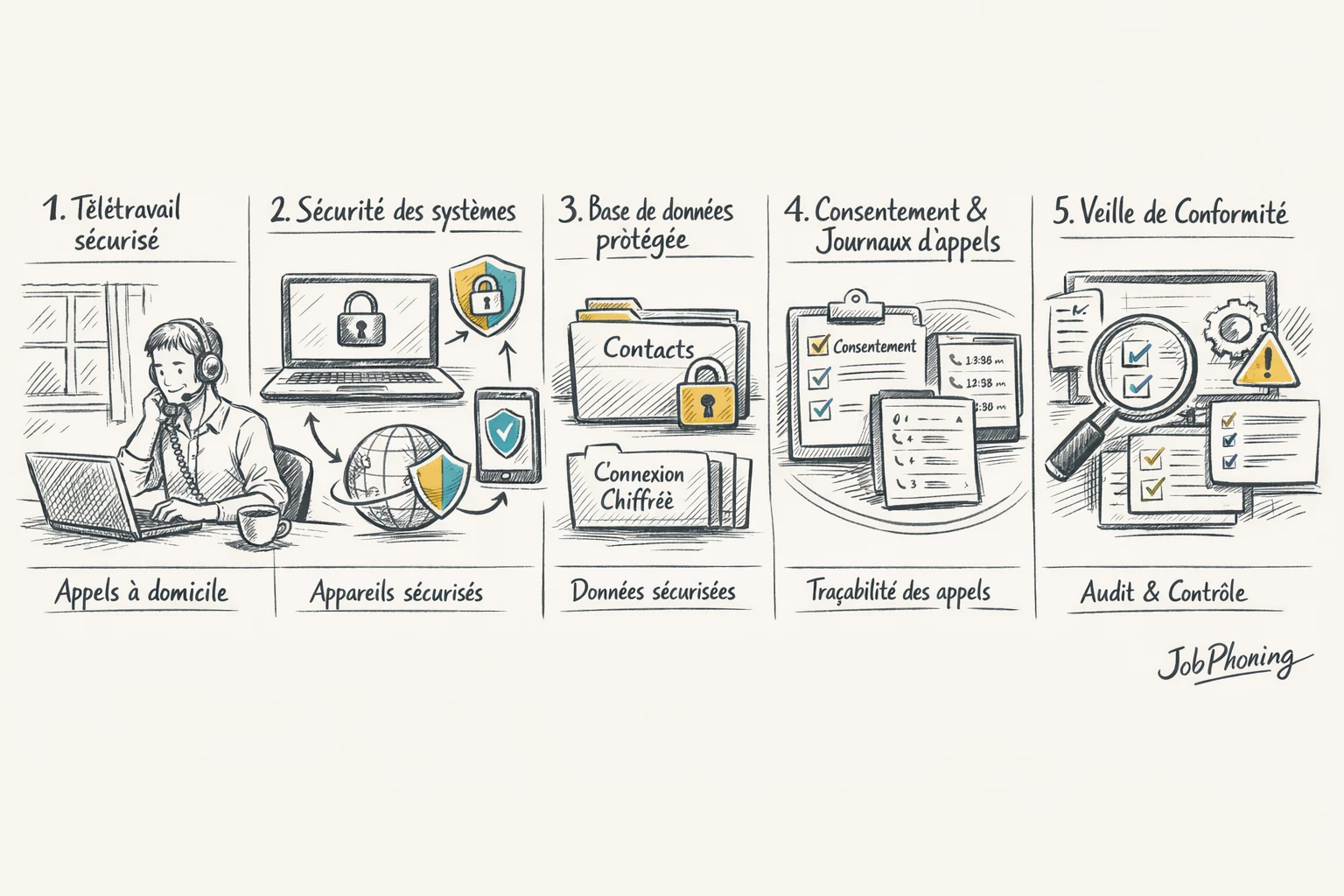 Schéma représentant la sécurisation de la prospection téléphonique à domicile via un enchaînement de blocs,