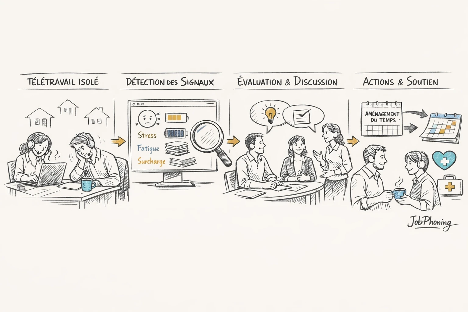 Schéma représentant la gestion des risques psychosociaux via enchaînement de blocs et flèches minimalistes en