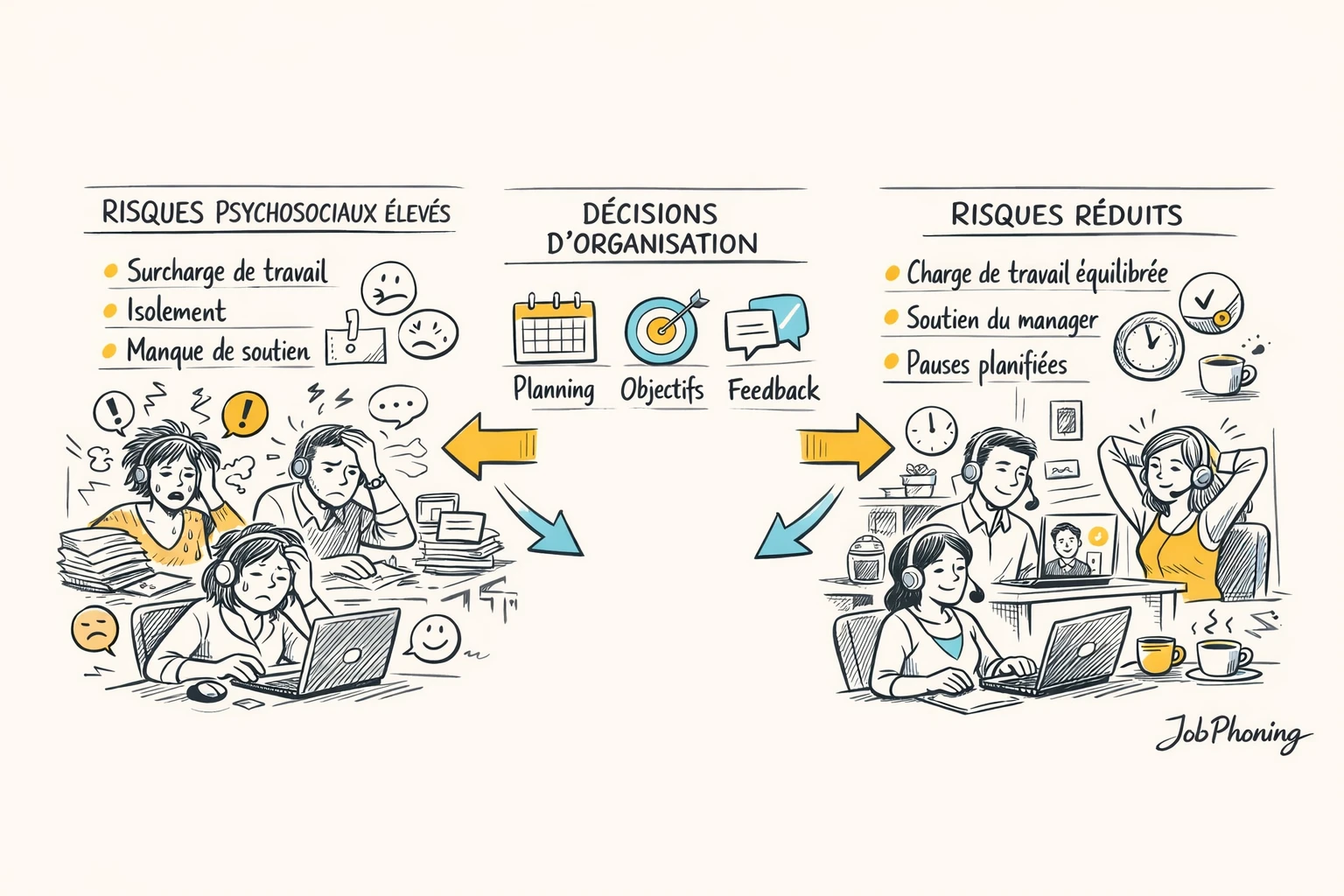 Schéma représentant les risques psychosociaux en homeshoring via un noyau central connecté à plusieurs zones