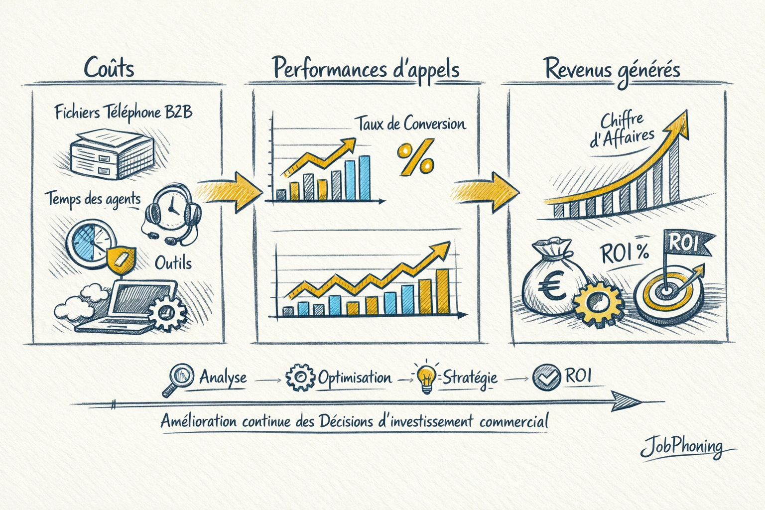 Schéma représentant l’évaluation du ROI d’appels B2B via flux de blocs et flèches minimalistes.