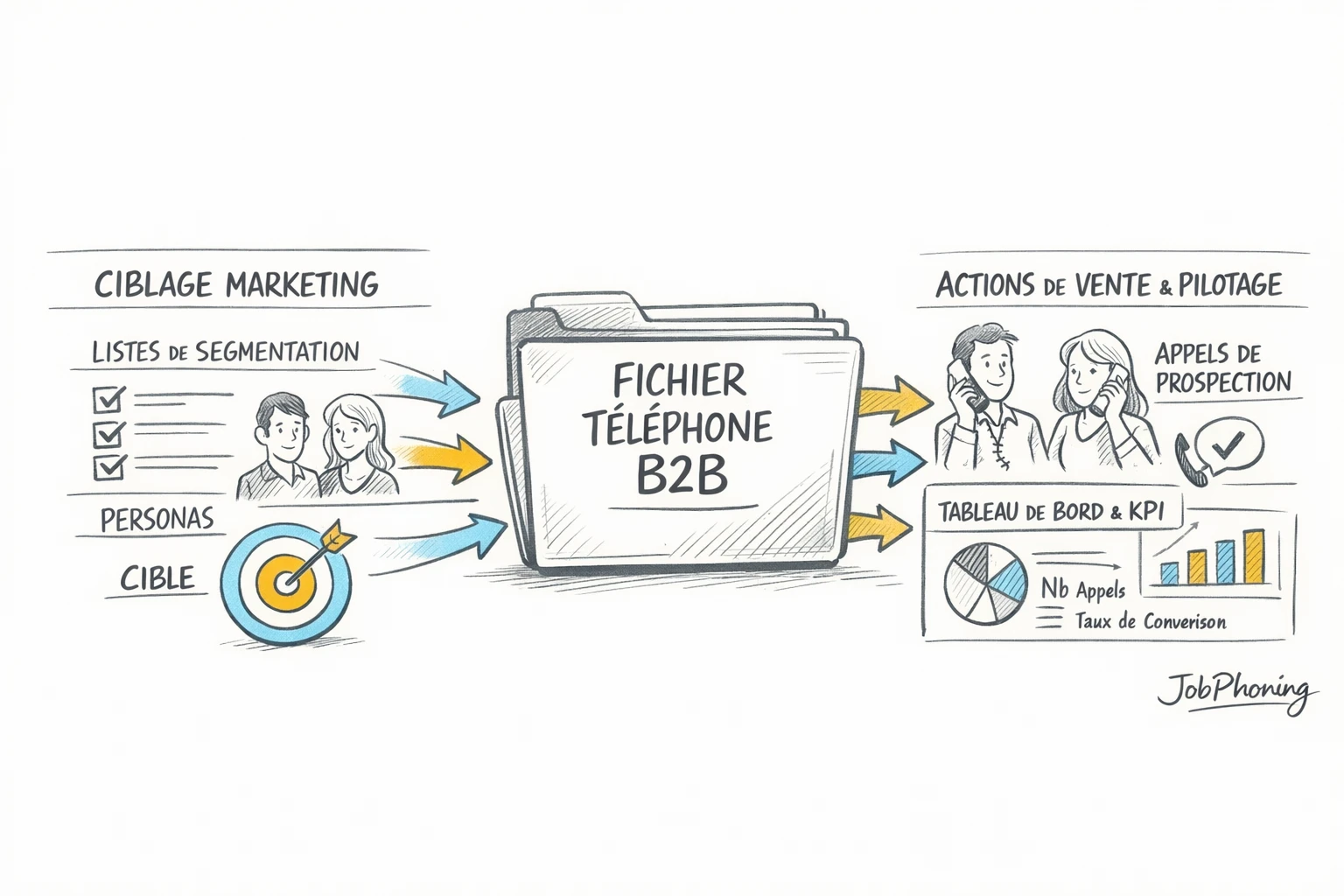 Infographie représentant la connexion marketing-ventes via un cylindre central relié à plusieurs blocs géométriques.