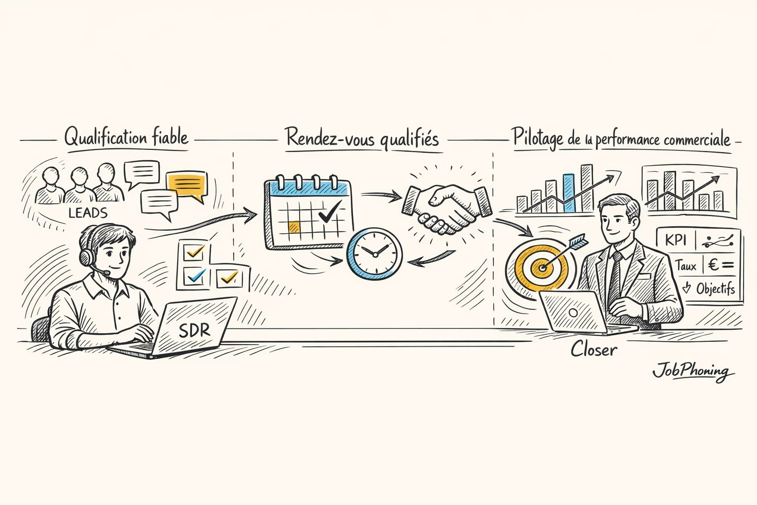 Schéma représentant le processus SDR vers closer via enchaînement de blocs reliés et flèches directionnelles.