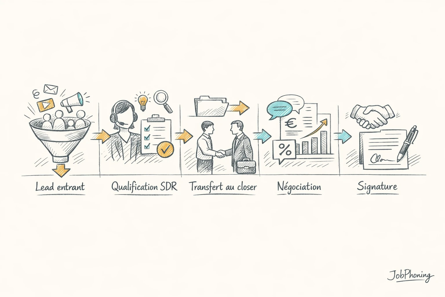 Schéma représentant la collaboration SDR et closer via un pipeline segmenté bleu et jaune.