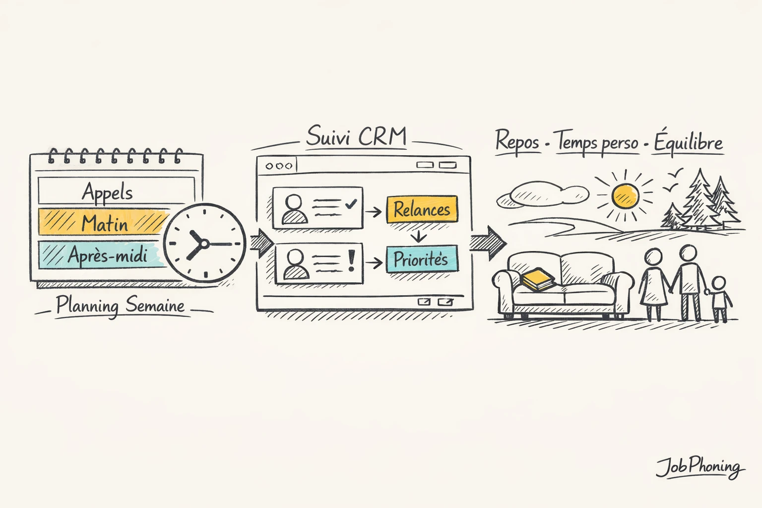Schéma représentant l’organisation durable du temps de prospection via blocs, flèches et segments de repos