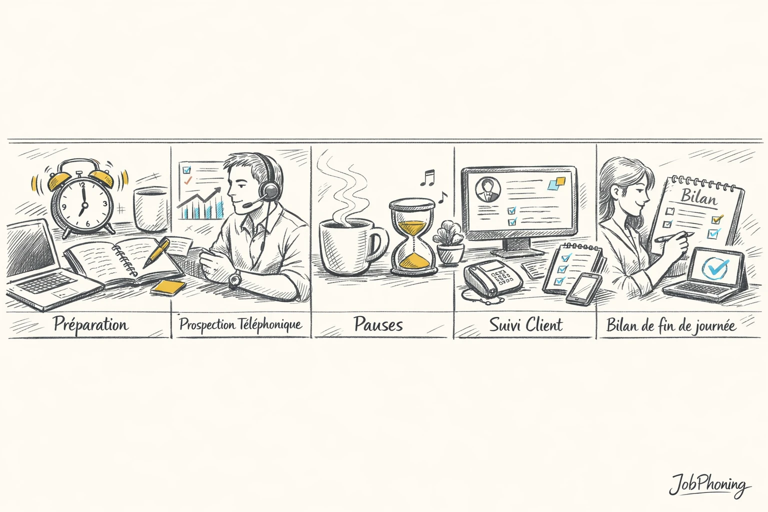 Infographie représentant l’organisation d’une journée de prospection via calendrier circulaire segmenté et icônes abstraites d’appels.