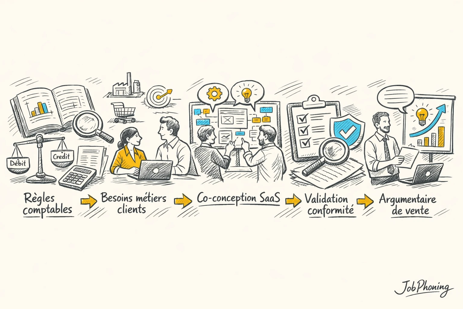 Schéma représentant la co‑construction d’un argumentaire SaaS via étapes connectées en flux et blocs géométriques