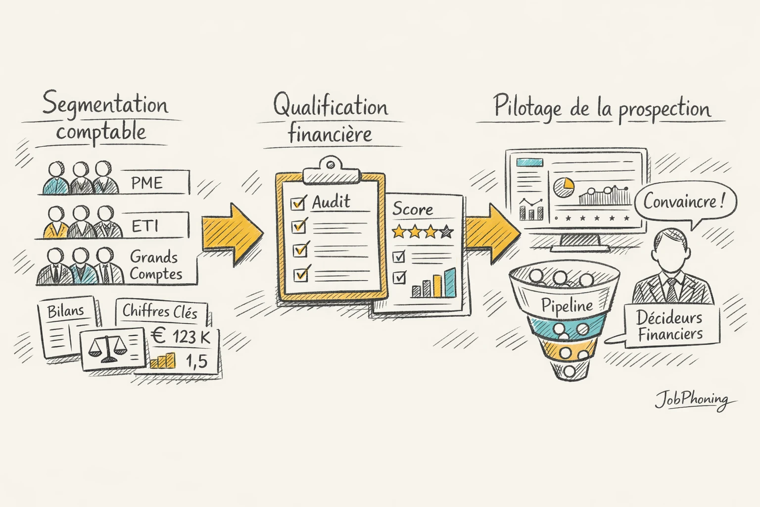Infographie représentant la prospection SaaS structurée via un noyau central connecté à segments clients et