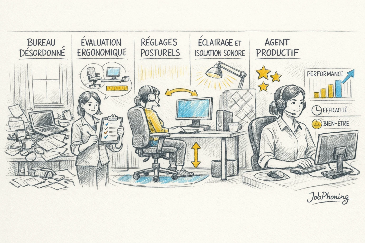 Schéma représentant la mise en place d’un poste ergonomique via icônes bureau, écran, chaise et