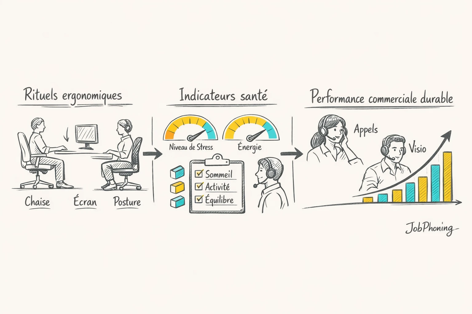 Infographie représentant la prévention des douleurs via tableau central et icônes ergonomie interconnectées
