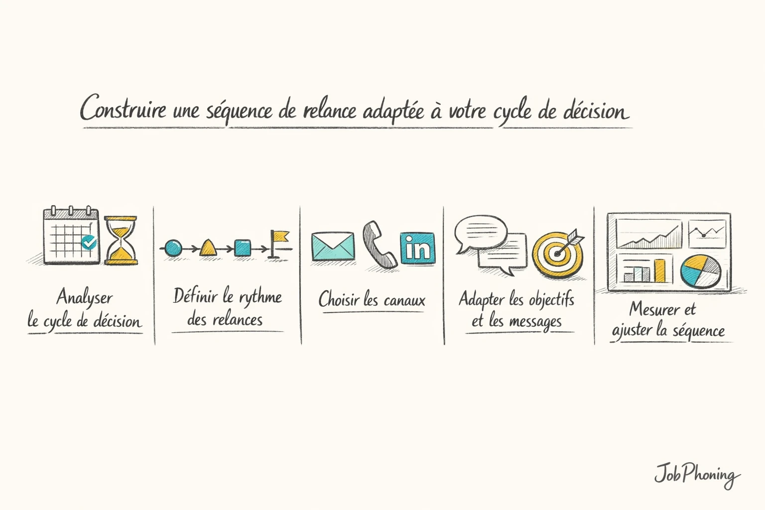 Schéma représentant une séquence de relance B2B via blocs reliés et flèches