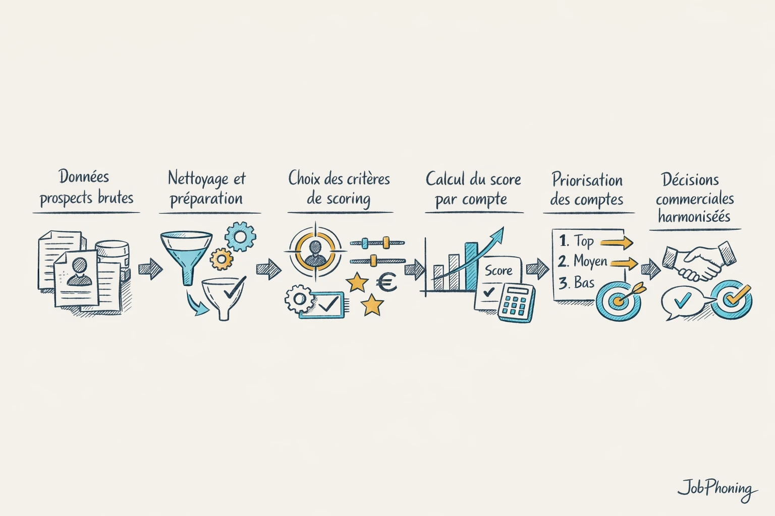 Schéma représentant un modèle de scoring commercial via étapes séquencées et blocs interconnectés.