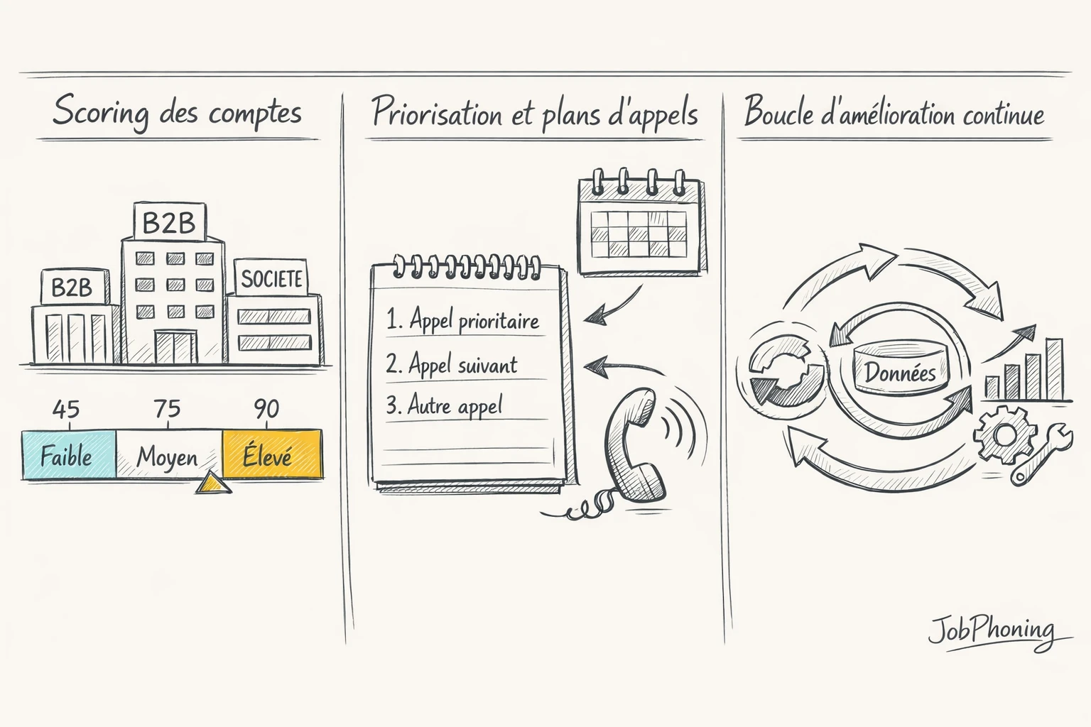Infographie représentant l’intégration du scoring prospects via entonnoir segmenté, pipelines alignés et boucle de retour.
