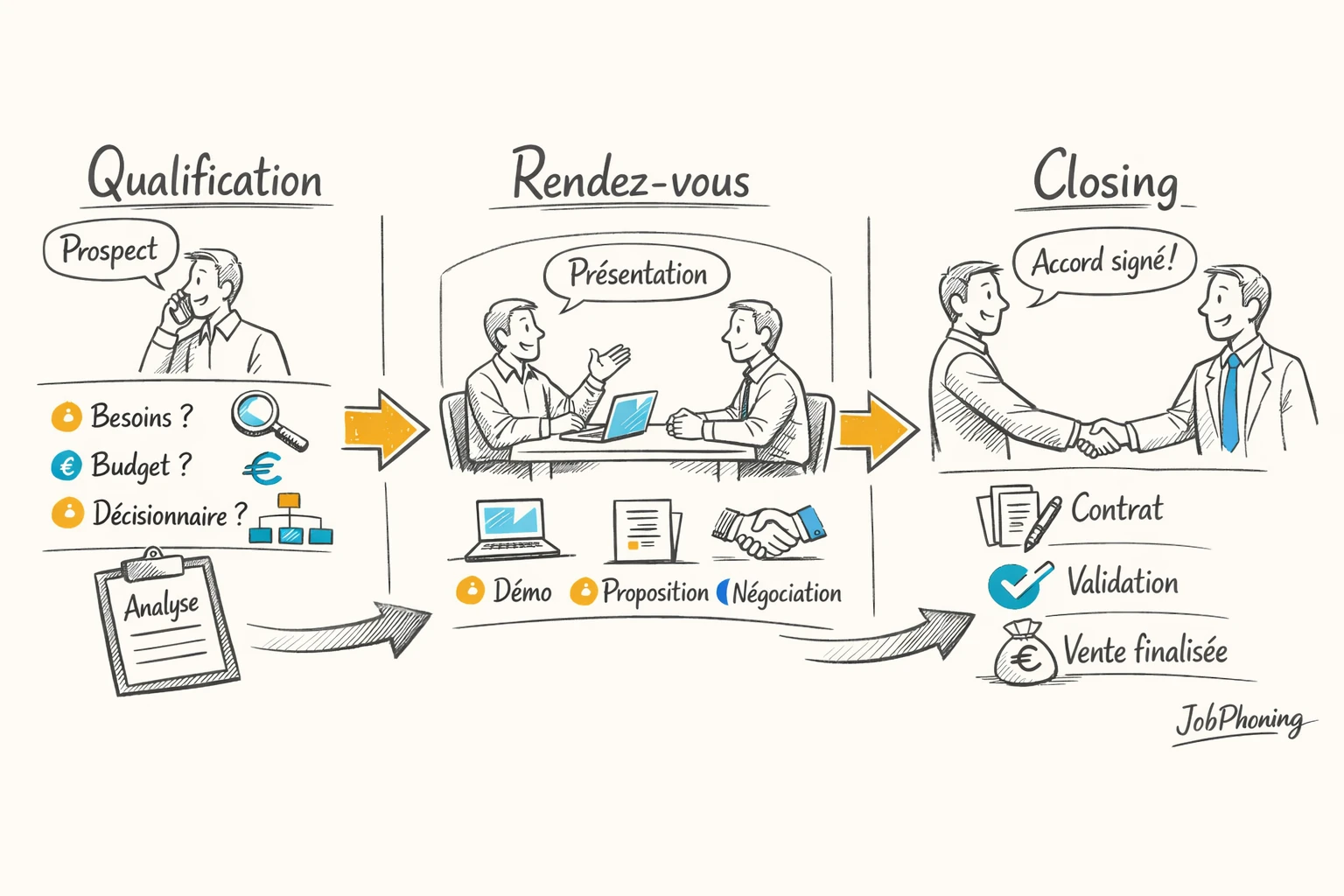Schéma représentant un parcours commercial structuré via flèches, blocs successifs et connecteurs géométriques