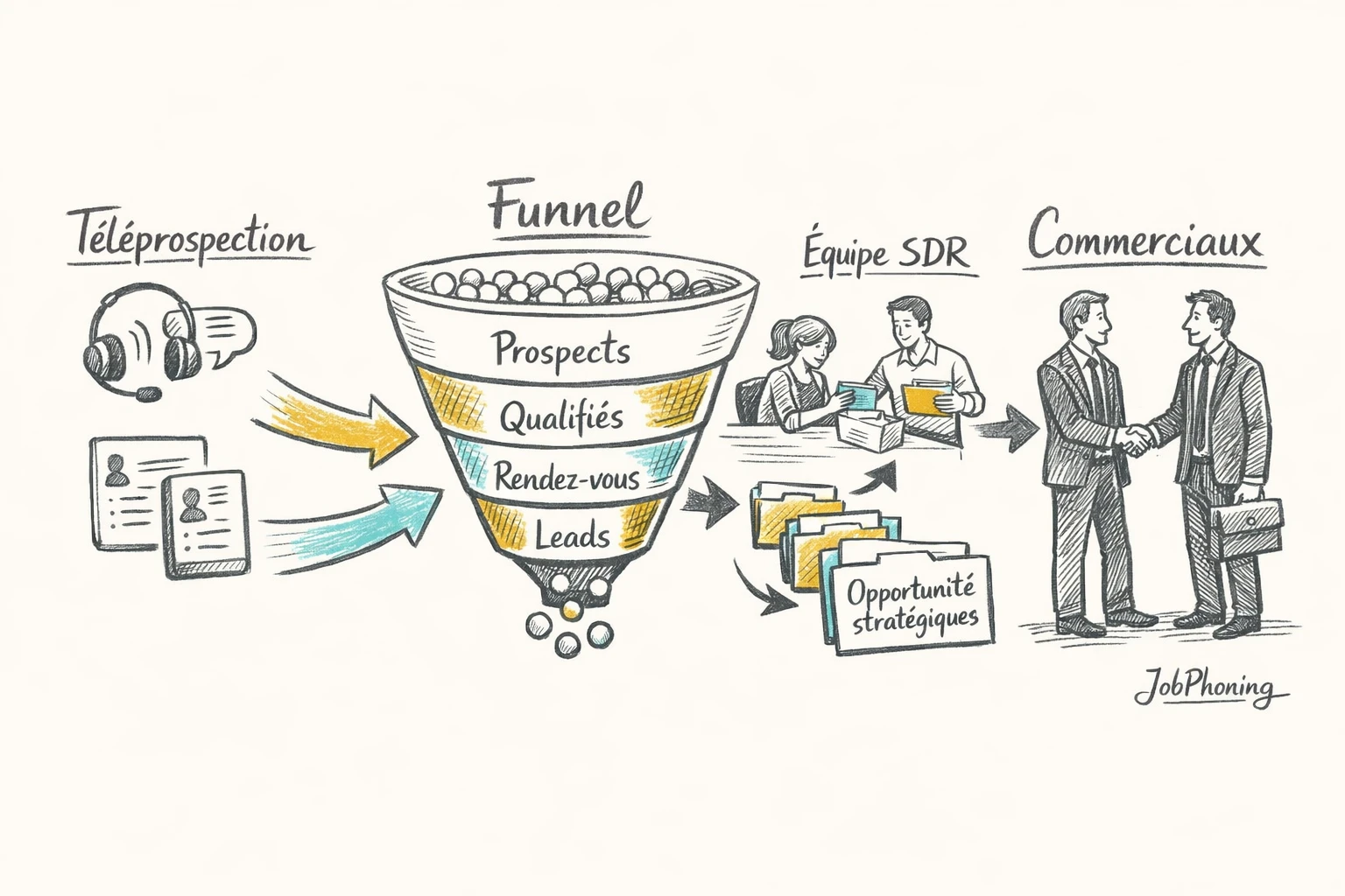 Schéma représentant la coordination SDR et téléprospecteurs via deux flux convergeant dans un entonnoir puis