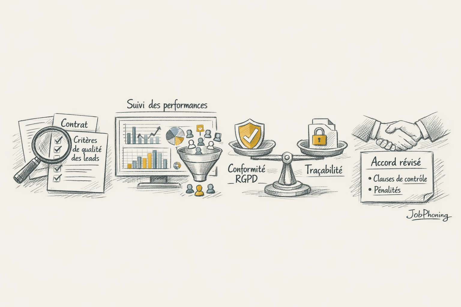 Schéma représentant l’audit d’un fournisseur de leads via enchaînement de blocs et flèches minimalistes.