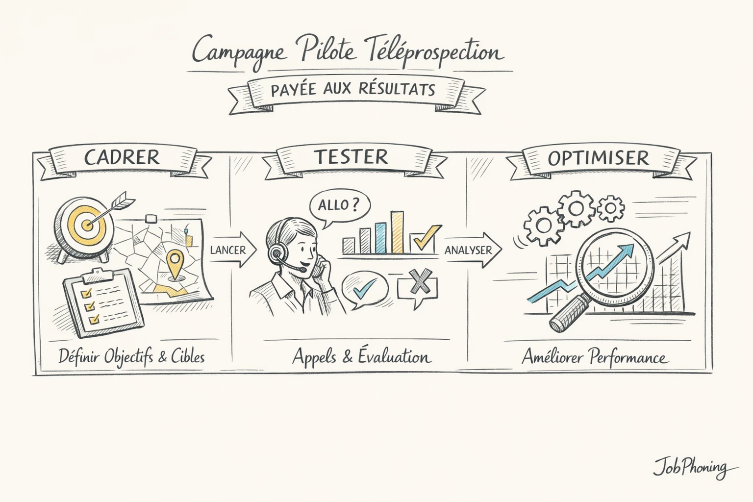 Schéma représentant une campagne pilote de téléprospection structurée via blocs reliés séquentiels et flèches directionnelles.