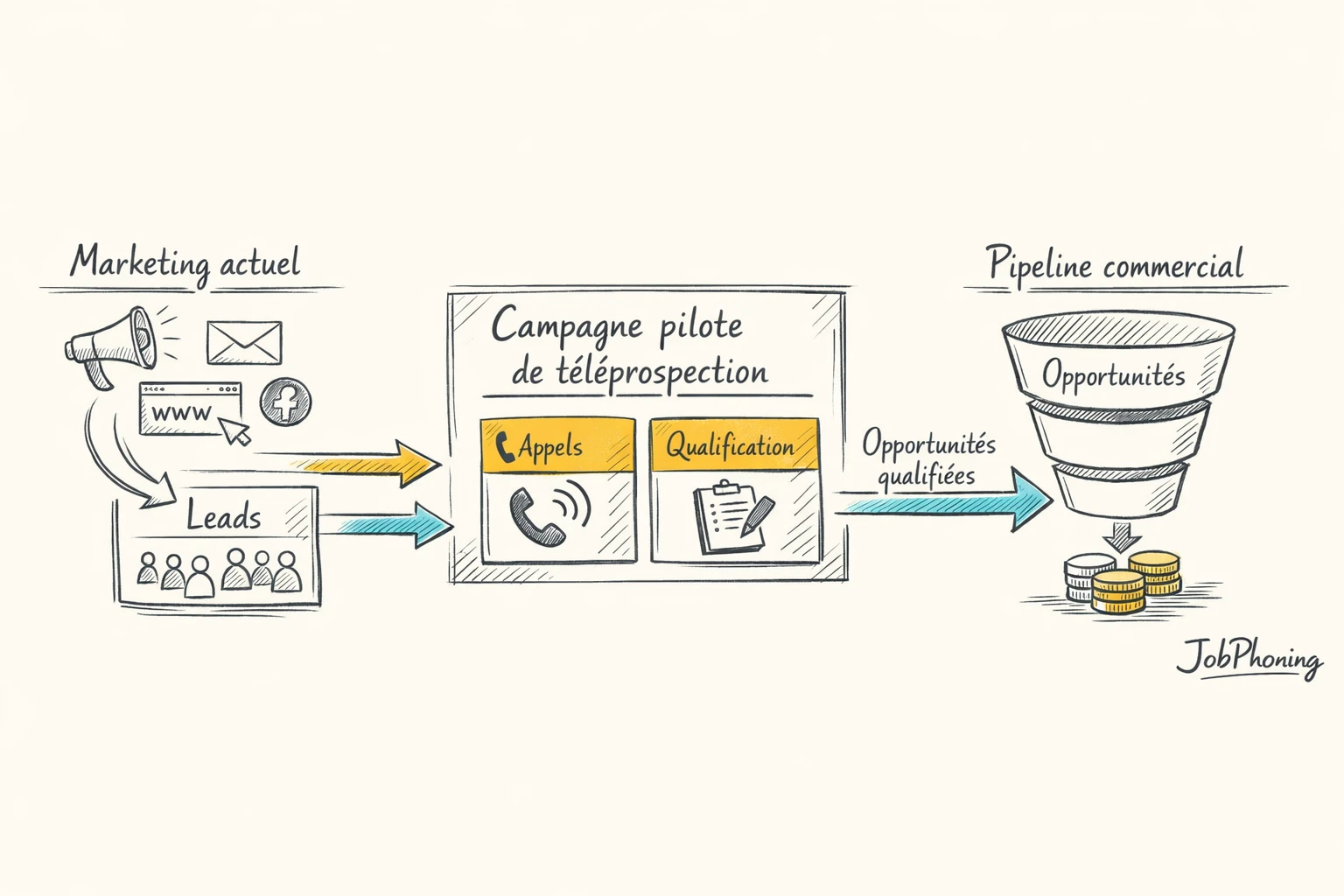 Schéma représentant l’intégration d’une campagne pilote dans le flux marketing‑vente via pipeline et blocs reliés.