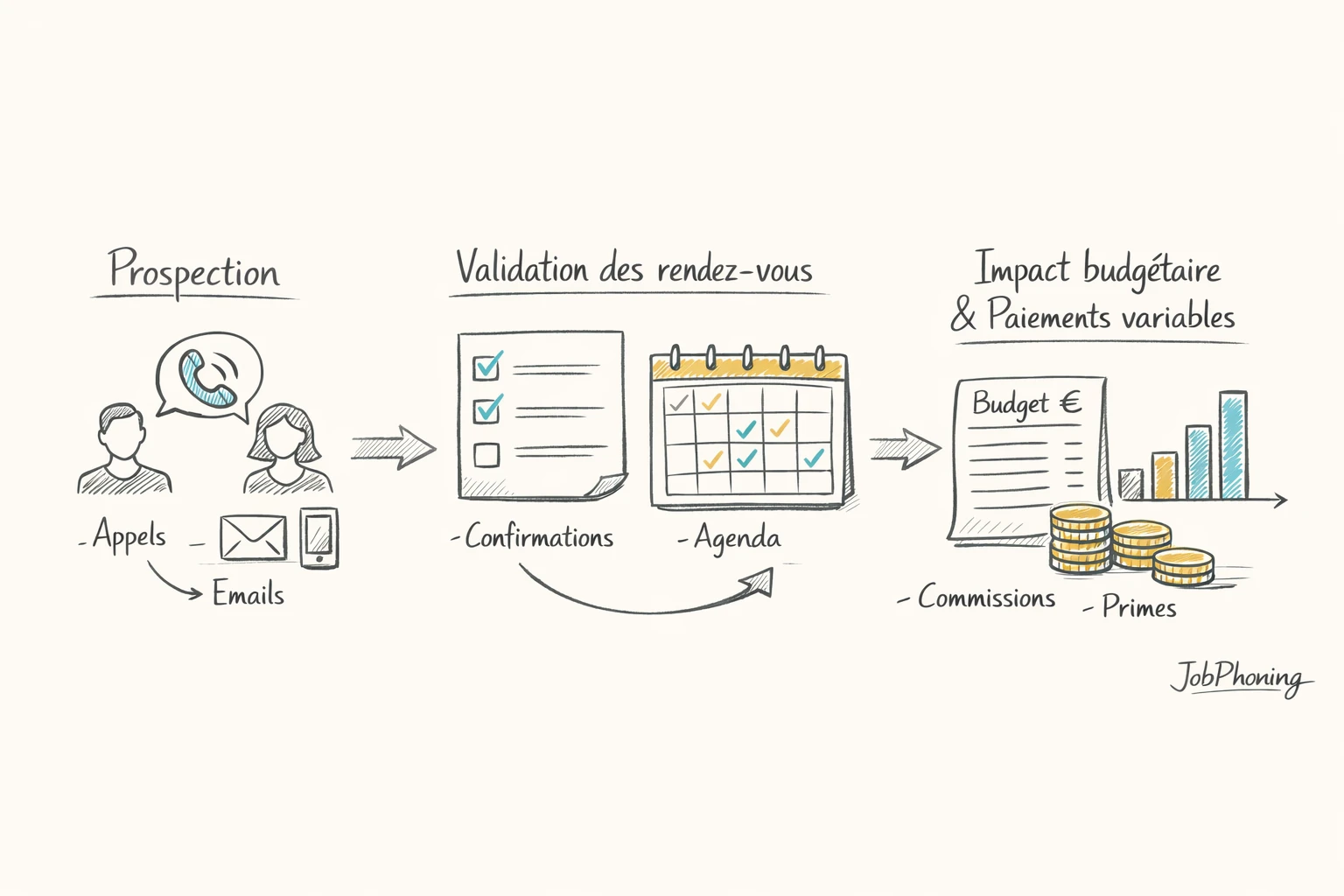 Infographie représentant l’alignement paiements variables et prospection via hub central, entonnoir et blocs reliés.