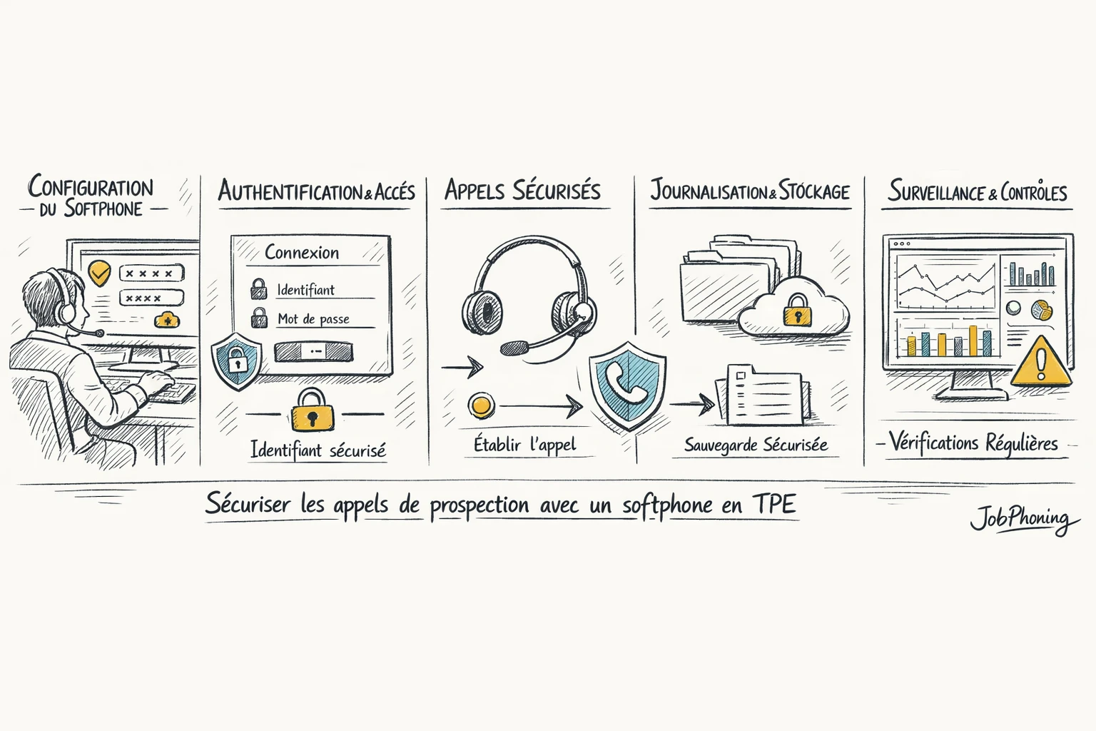 Schéma représentant la sécurisation d’appels de prospection via enchaînement de blocs, flèches et icônes abstraites