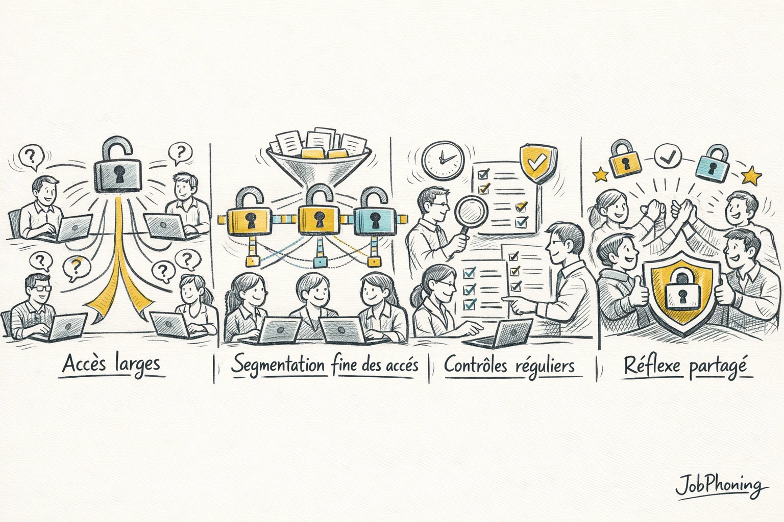 Infographie représentant la sécurité des données via un bouclier, bases de données et colonnes d’équipes