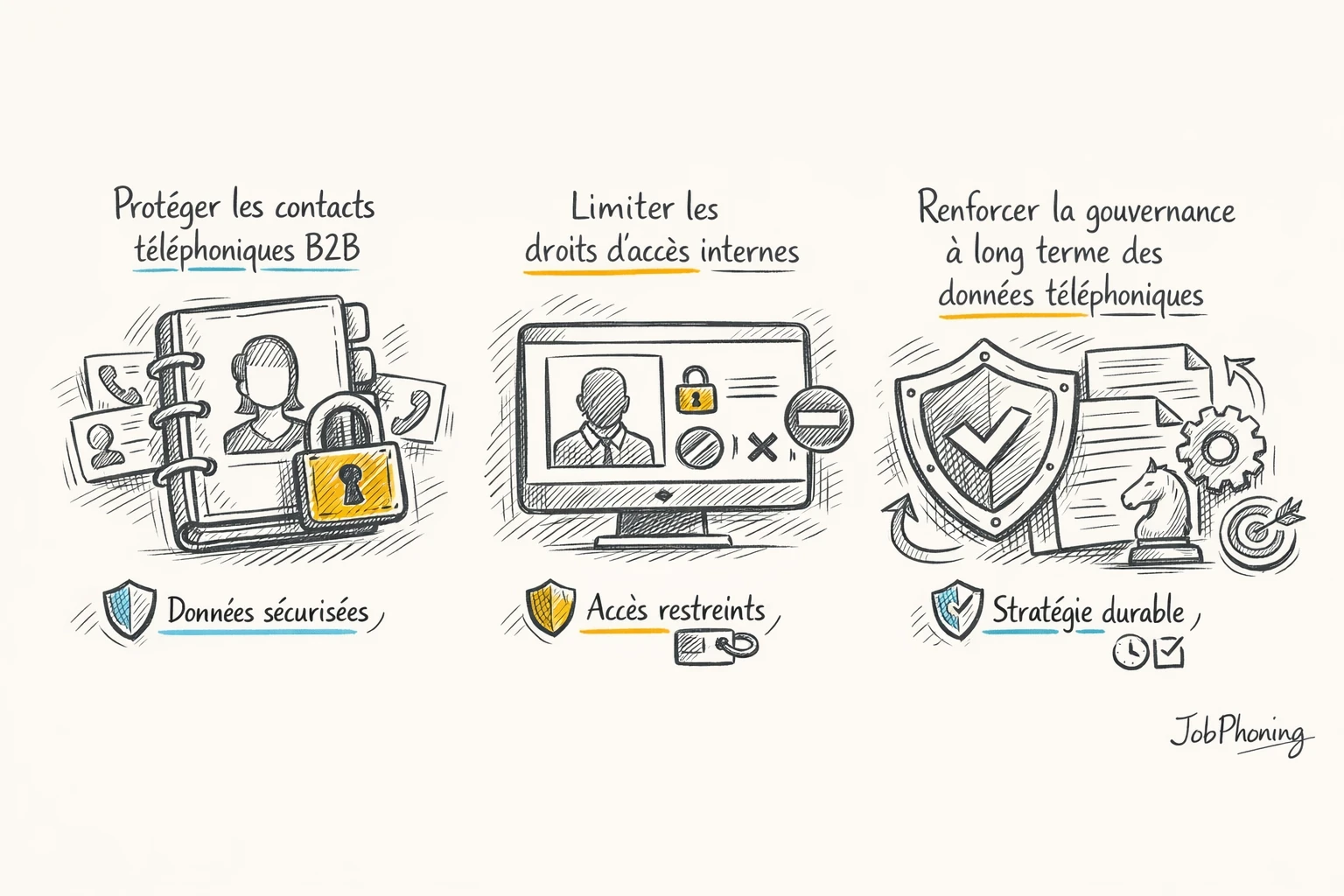 Schéma représentant la sécurisation d’un fichier téléphonique B2B via base, utilisateurs, verrous, boucliers et flèches.