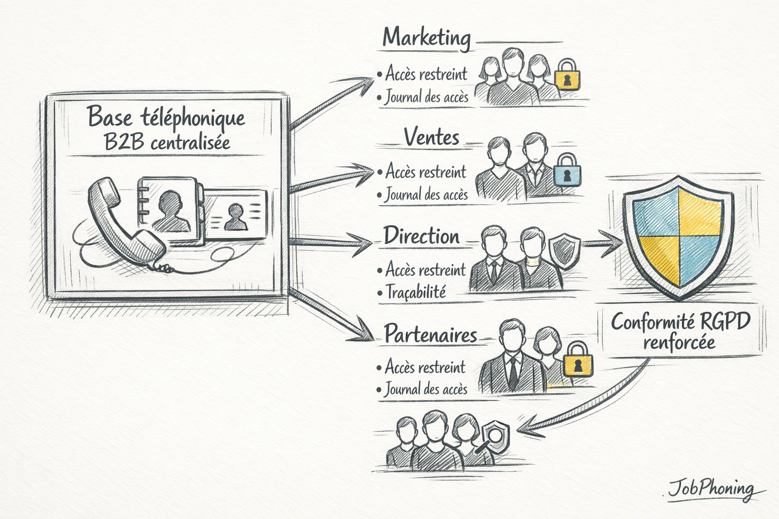 Schéma représentant la gouvernance d’une base d’appels via un hub central et quatre rôles connectés.