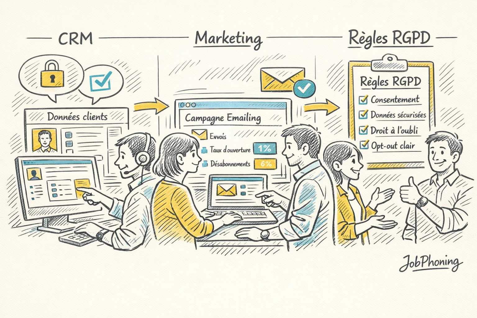Infographie représentant l’intégration du RGPD via un bouclier central relié à plusieurs blocs géométriques alignés.