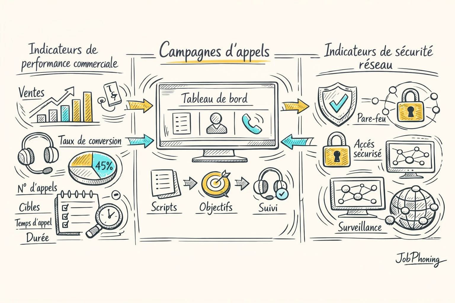 Infographie représentant la sécurisation des campagnes d’appels via un tableau central, un bouclier et des
