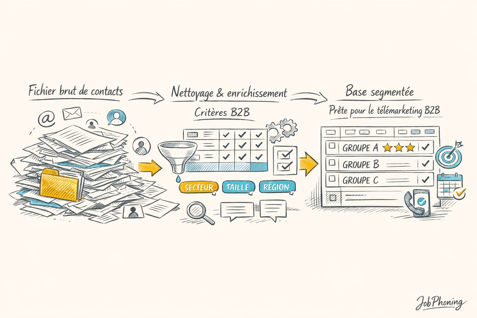 Schéma représentant la structuration d’une base prospects via blocs reliés et flèches séquentielles.