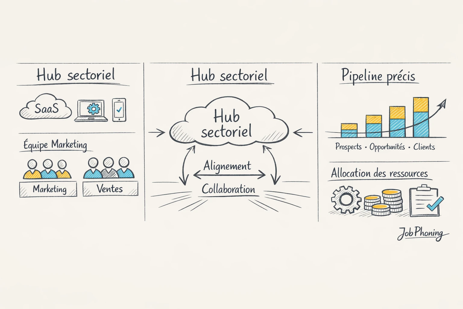 Infographie représentant la segmentation sectorielle via un hub central connecté à plusieurs colonnes marketing et