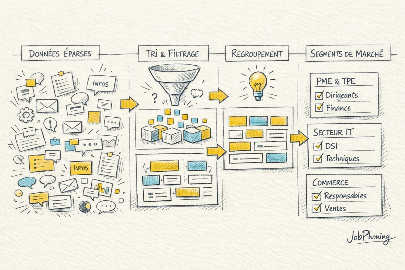 Schéma représentant la création de segments actionnables via un flux de blocs et flèches minimalistes