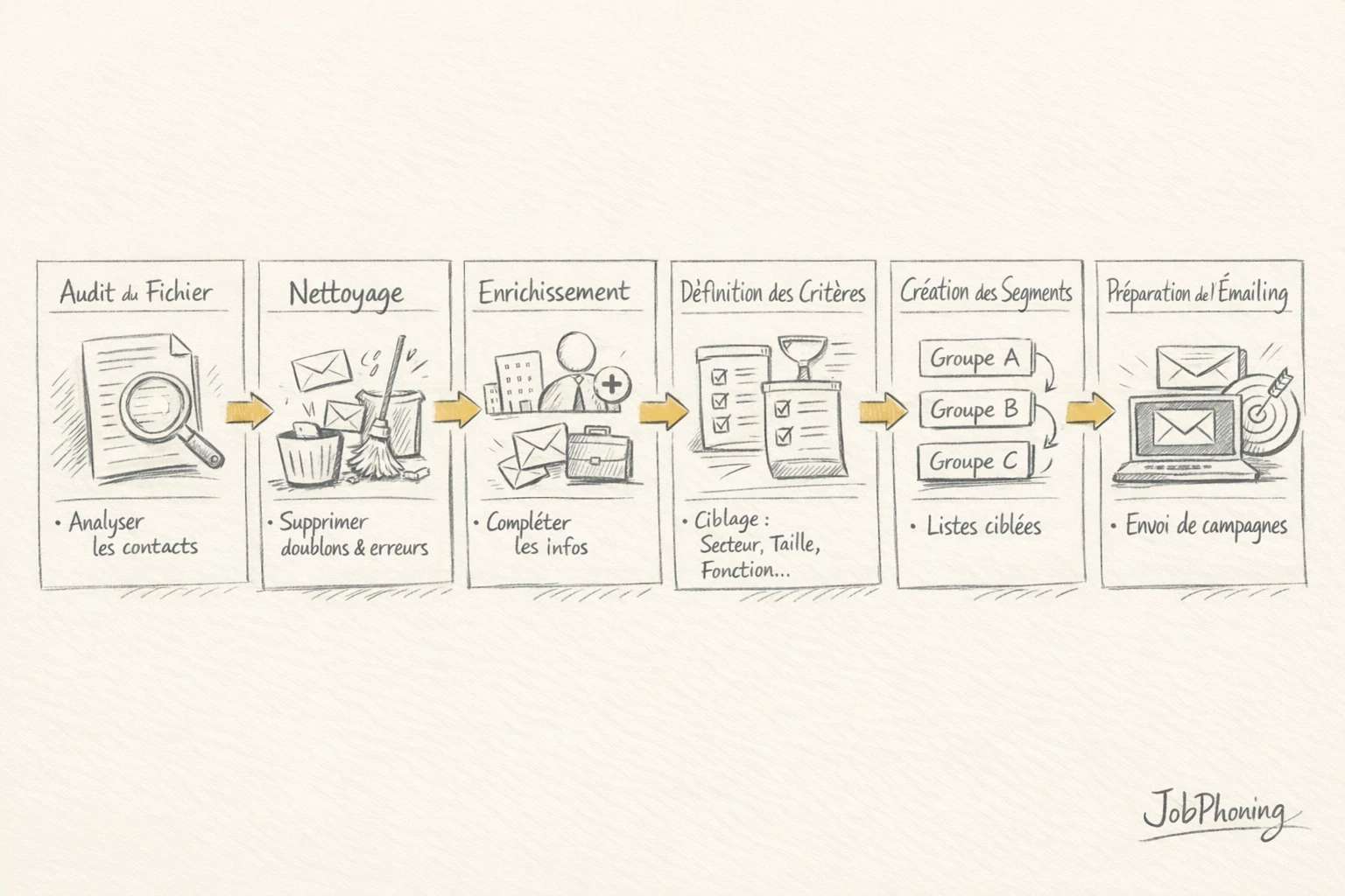 Schéma représentant la segmentation d’emails B2B via un flux de blocs reliés.