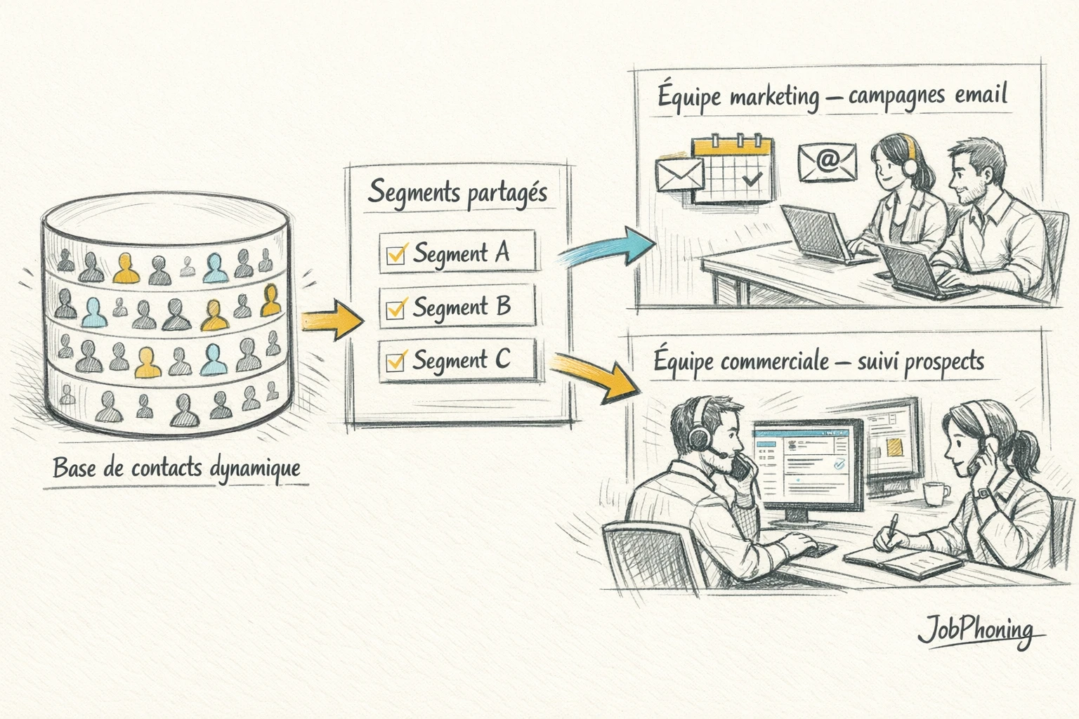 Infographie représentant la segmentation email B2B via un noyau central relié à plusieurs blocs géométriques