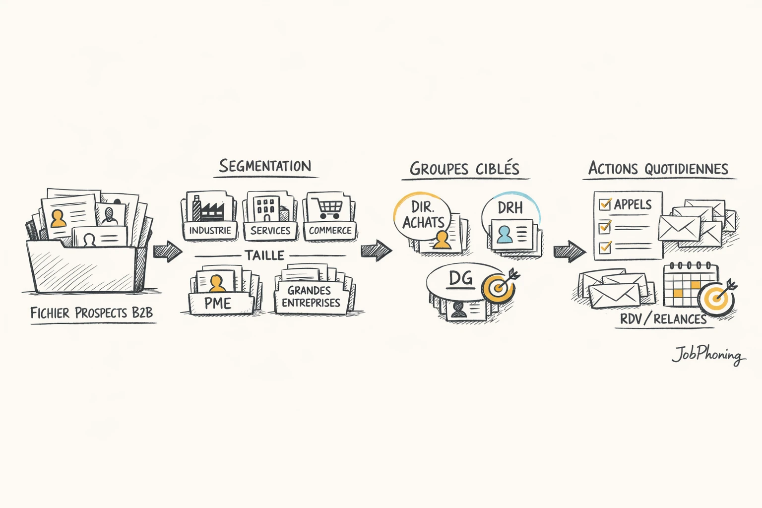 Schéma représentant la segmentation d’un fichier prospects B2B via blocs reliés et flèches structurantes.