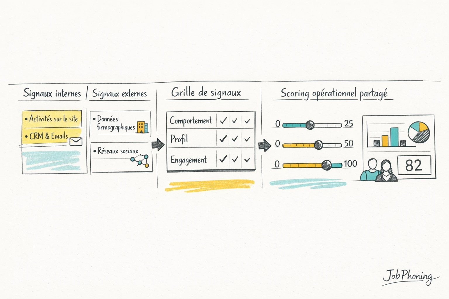 Schéma représentant un système de scoring B2B via rectangles reliés et flèches alignées