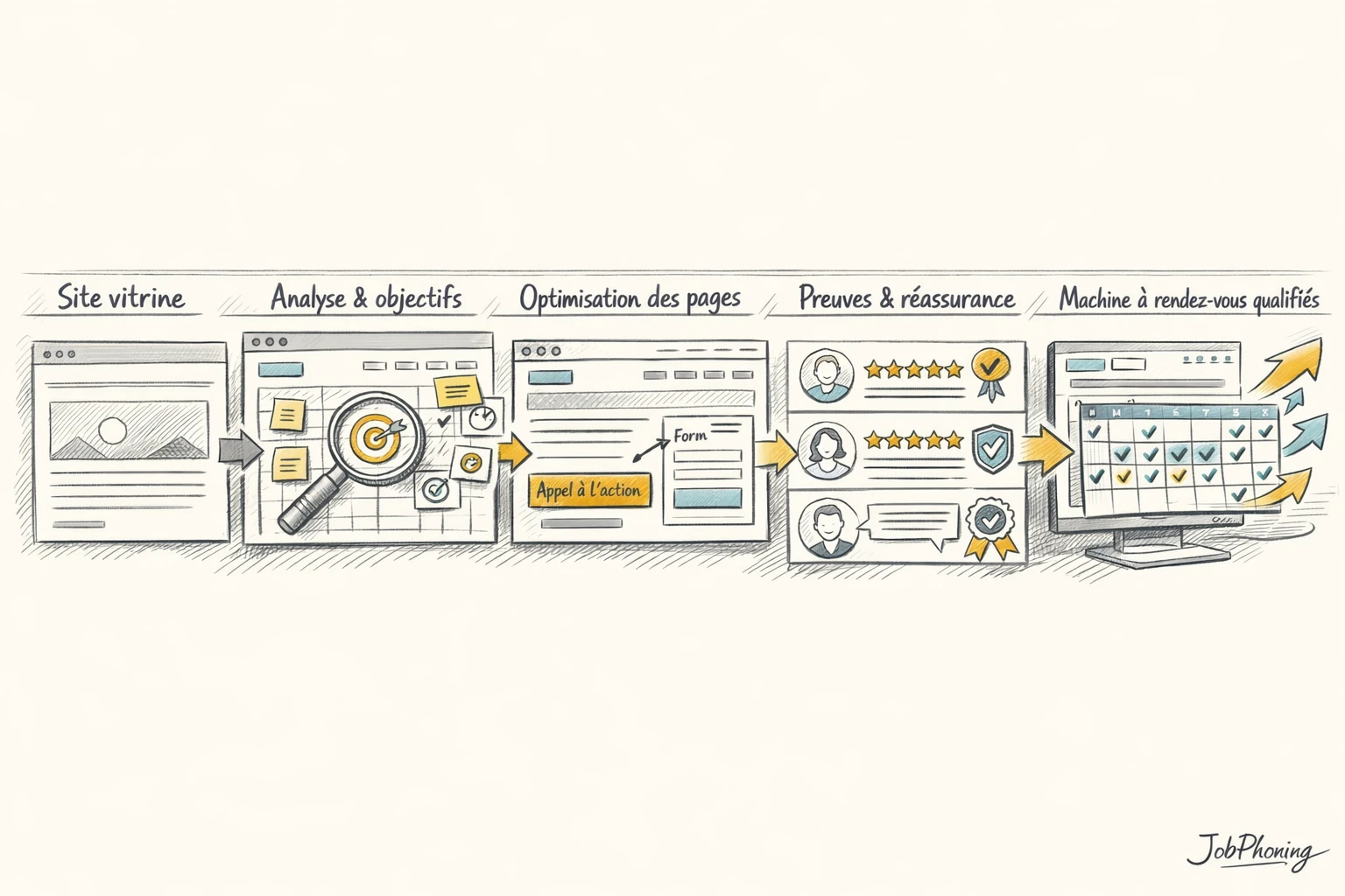 Schéma représentant la préparation d’un site B2B via rectangles reliés et flèches minimalistes