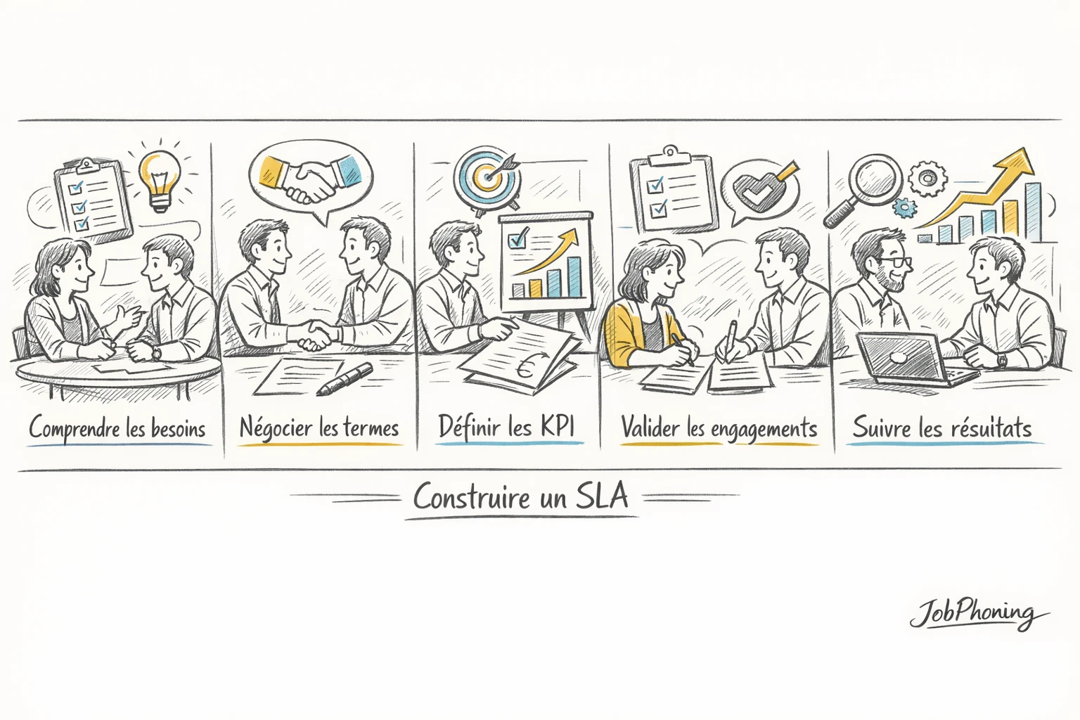 Schéma représentant un SLA structuré via blocs reliés illustrant étapes, mesures et responsabilités partagées.
