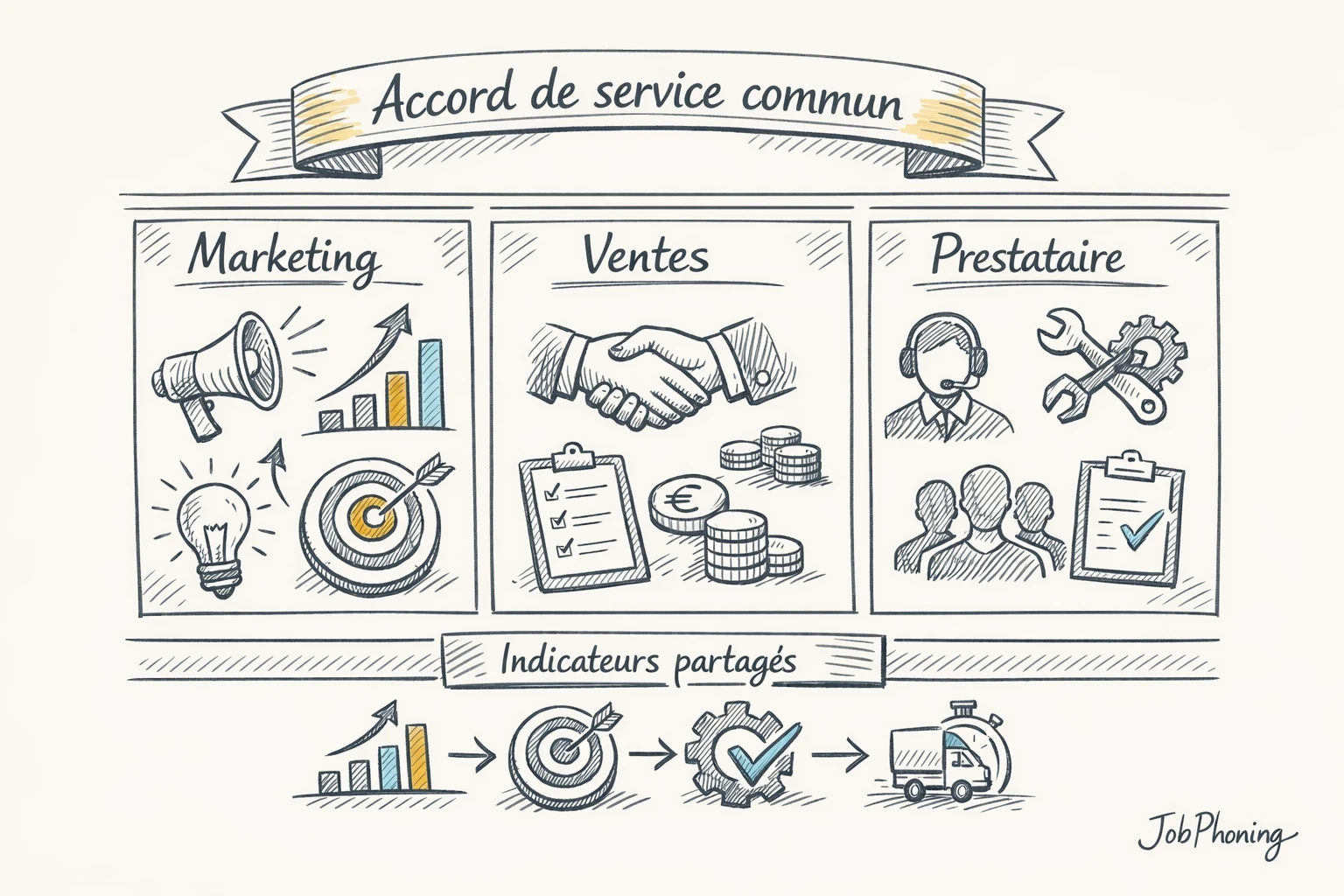 Infographie représentant un SLA partagé via un rectangle central relié à trois blocs collaboratifs.