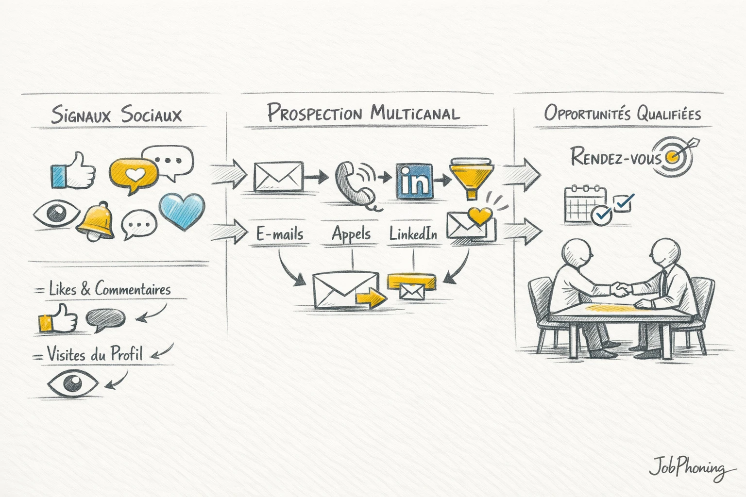Schéma représentant un parcours de prospection multicanale via flèches, blocs alignés et icônes abstraites de