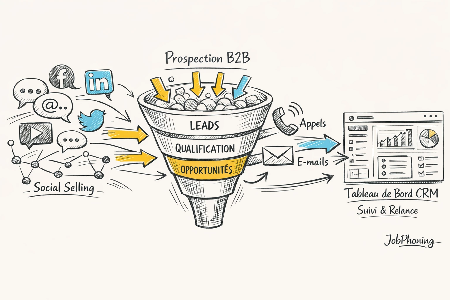Schéma représentant l’intégration du social selling via réseau, entonnoir, canaux classiques et pipeline CRM.