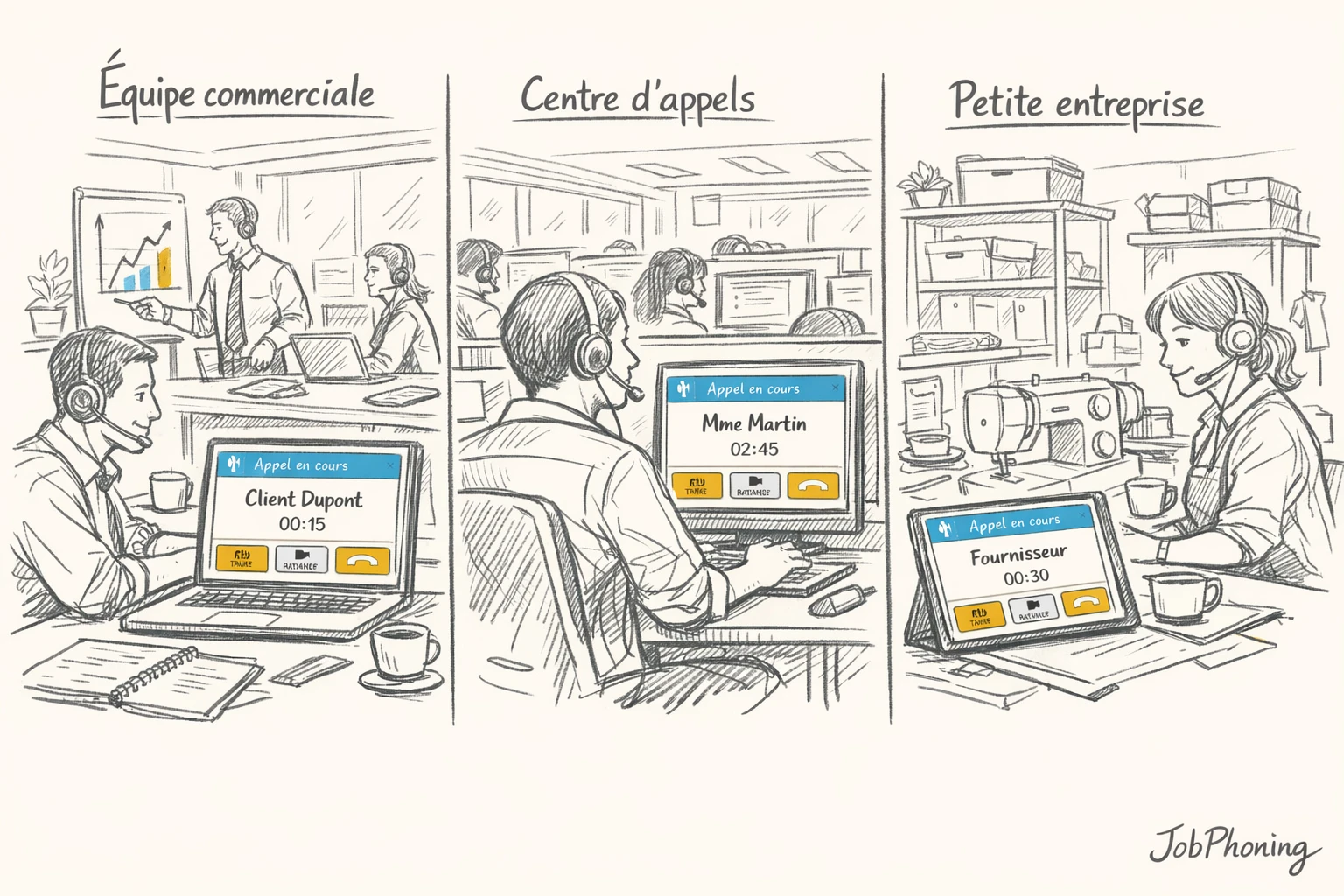 Infographie représentant divers usages du softphone via trois colonnes de blocs géométriques alignés.