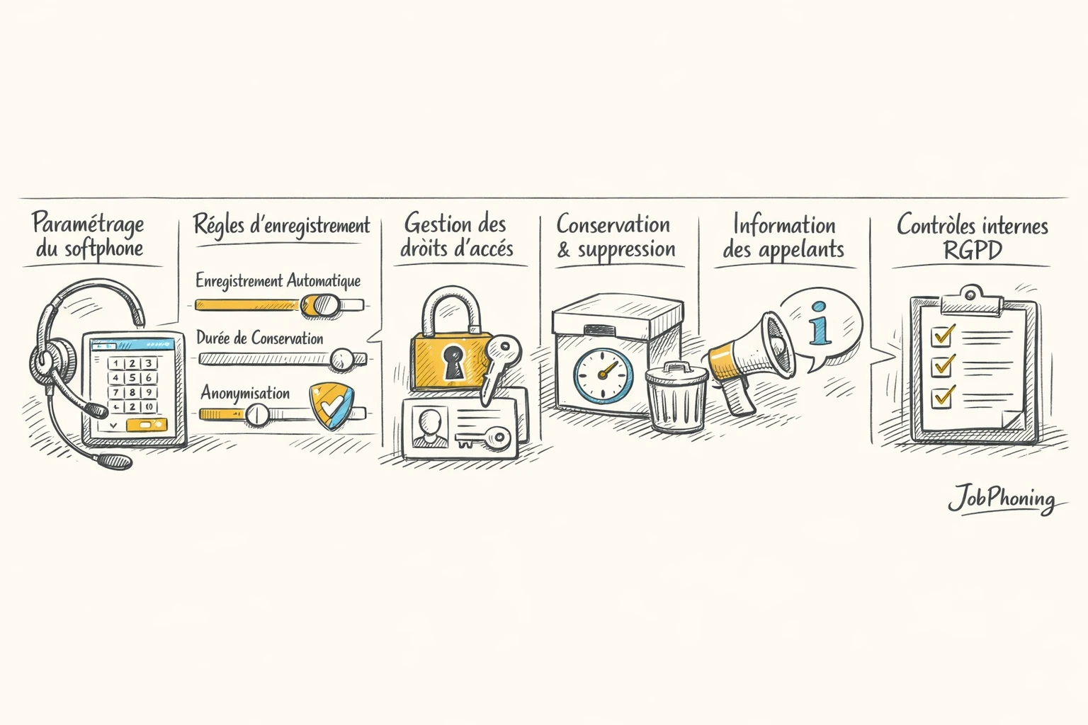 Schéma représentant la mise en conformité d’un softphone via blocs reliés et flèches minimalistes.